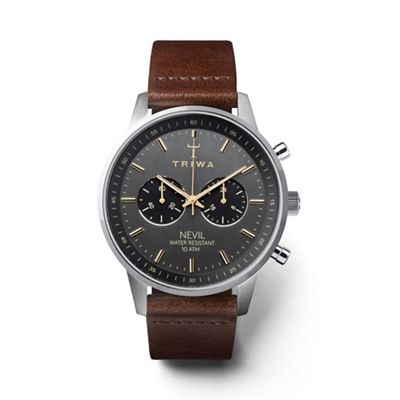 Unisex dark brown chronograph watch with leather strap